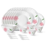 Larah by Borosil Red Mist Fluted Series Opalware Dinner Set | 33 Pieces for Family of 6 | Microwave & Dishwasher Safe | Bone-Ash Free | Crockery Set for Dining & Gifting | Plates & Bowls | White