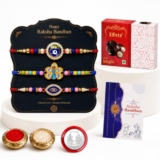 Oblivion Rakhi with Chocolate for Brother – BRO Charm, Peacock & Evil Eye Design Rakhi Combo with Chocolate Magic 32gm, Silver Color Pooja Coin, Greeting Card & Tilak Set (K3_1018+1066+1007_EM32)