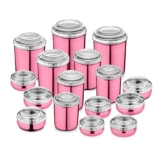 JENSONS 16 PCS Stainless Steel Canister Set (8) & Belly Storage Set (8) in Pink Lacquered Color with White PC lids -8+8=16 Pcs Set