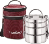 neelam Stainless Steel Lunch Box/Tiffin with Bag, 3-Tier Container, 1100 ml, Hot & Cold Leak-Proof, Compact & Durable, Perfect for Office, School, Picnic and Travel, Silver